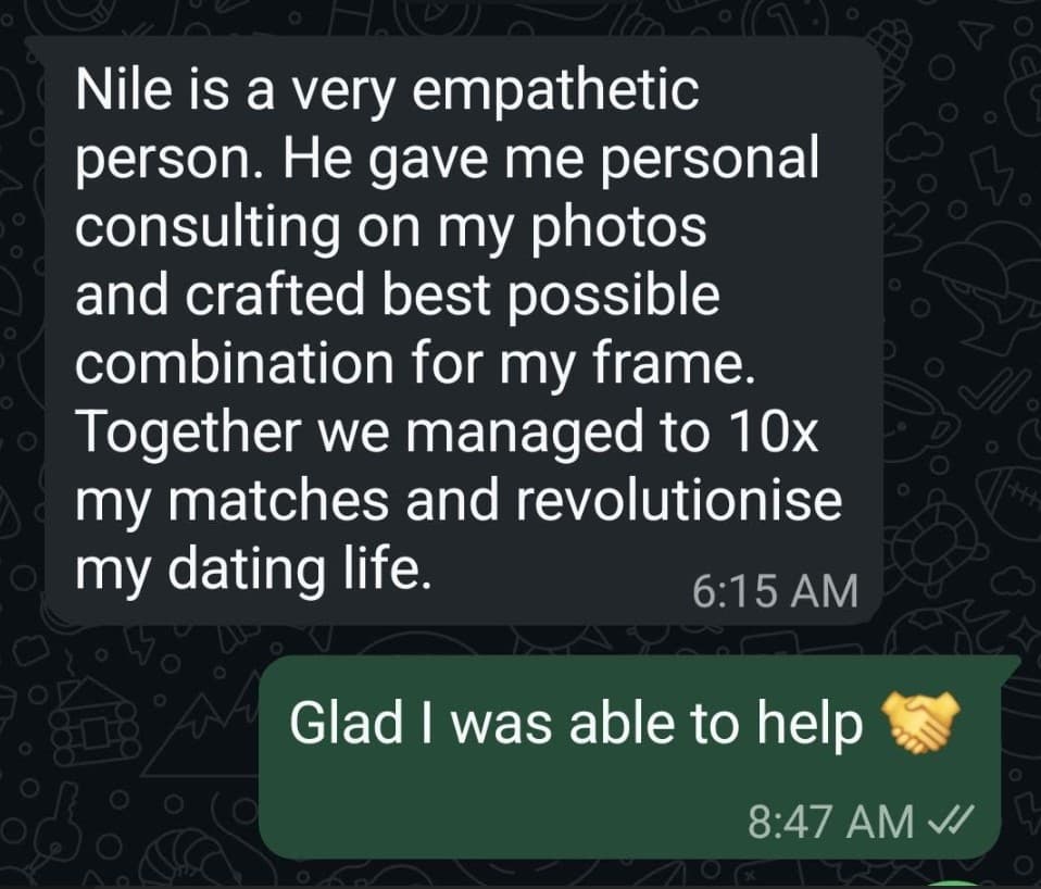 A client's message about personal consulting on their photos and ten times the matches