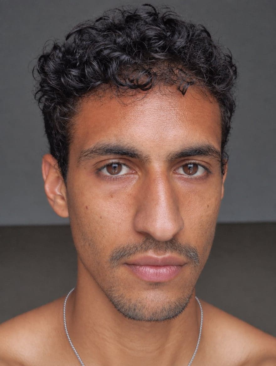 Phone headshot of the same man, straight-faced, grey wall