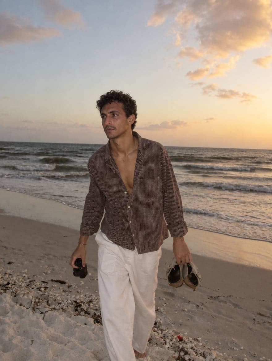 Man in an open checked shirt walking barefoot along a beach at sunset