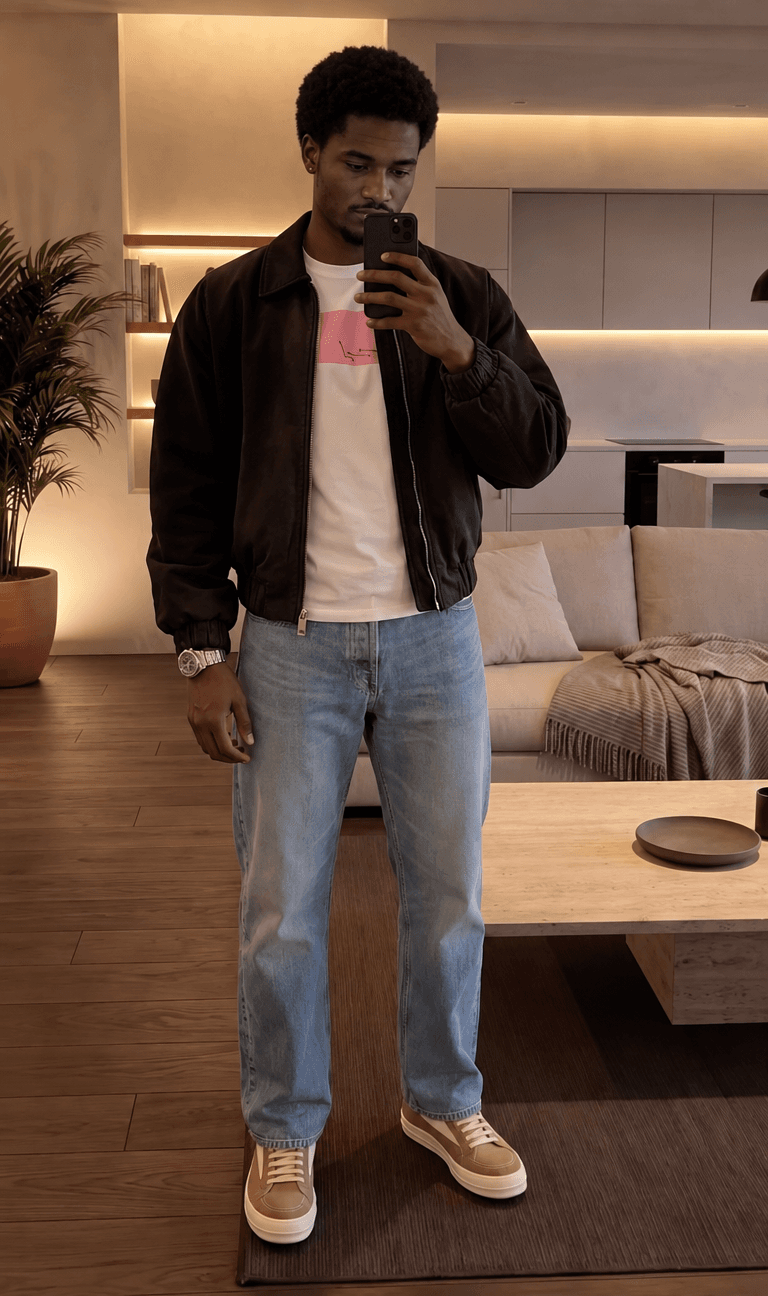 Man in a brown bomber jacket and light jeans taking a mirror selfie at home